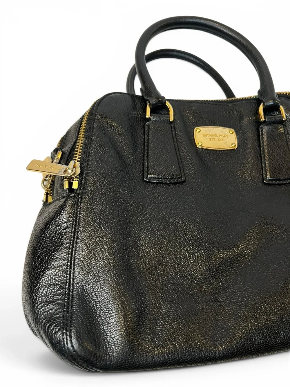 Michael Kors Black Pebbled Leather Dome Satchel Gold Hardware